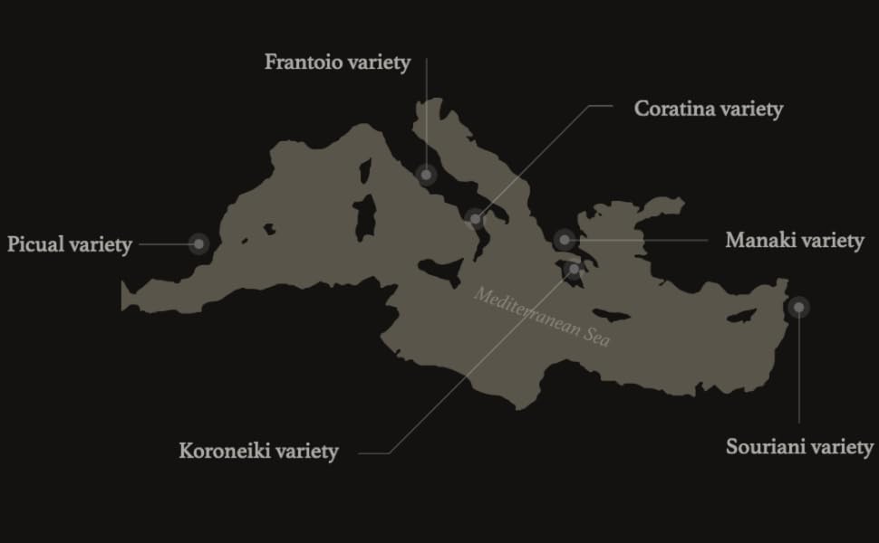 Map of Greece with olive variety labels