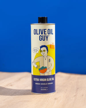 Olive Oil Guy Extra Virgin Olive Oil can on a blue background